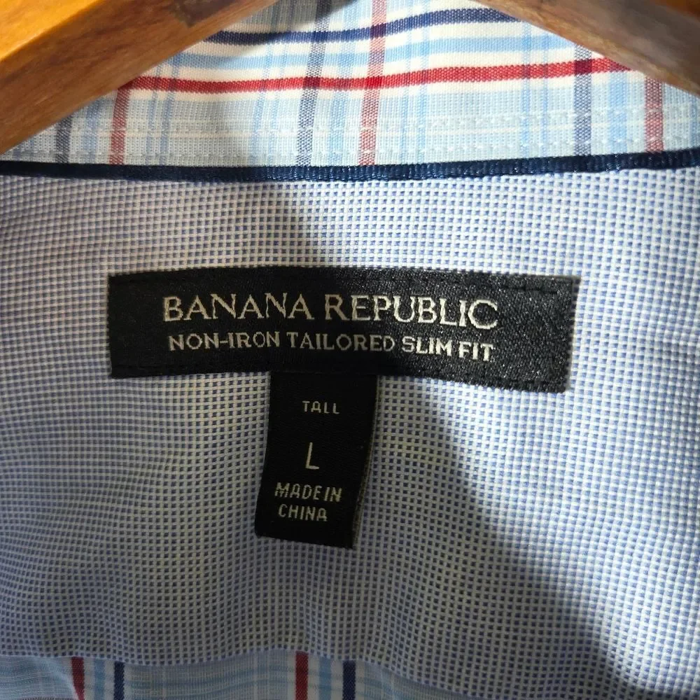 Banana Republic Men's Non Irom Tailored Slim Fit Blue Plaid Long Sleeve Shirt LG